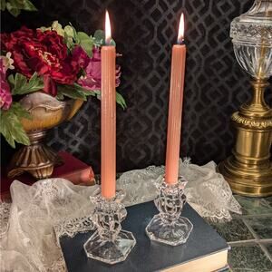 Pair of 4"H Vintage Cut Corner Square Baroque Lead Crystal Taper Candle Holders